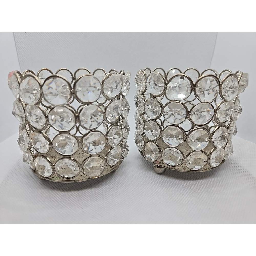 Beaded 3" x 3" Candle Holders Plastic‎ And Metal Sparkly Silver Tone